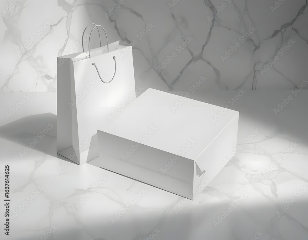 Poster elegant blank shopping bag and box mockup for branding display on refined marble background creating