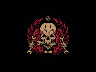 A stylized skull with fiery wings, holding wrenches and a wrench in its mouth, with a bow tie, on a black background.