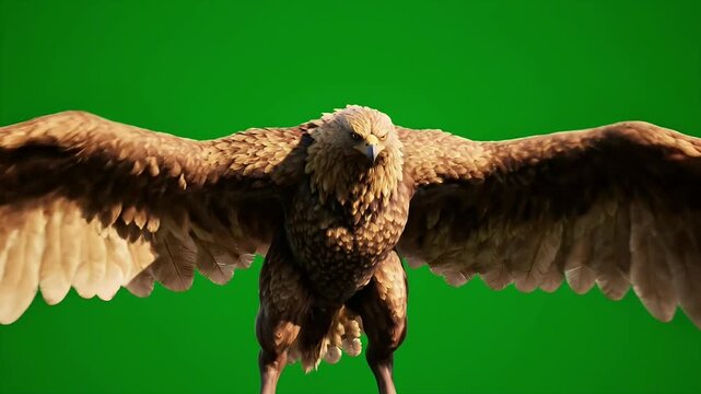 A 3D animated eagle with its wings spread for chroma key on a green screen background