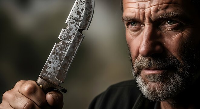 Intense Portrait: Bearded Man Holding a Rusty, Serrated Hunting Knife