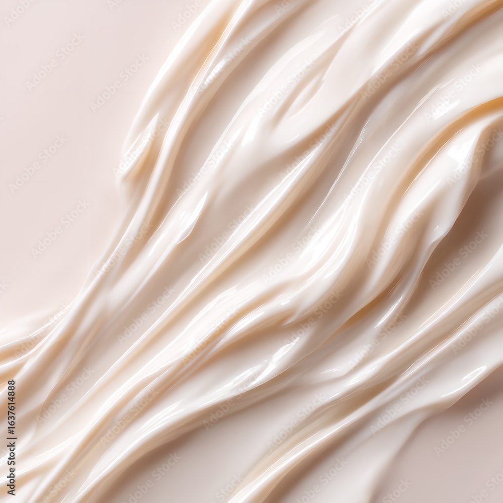 Poster close up shot of thick white cream swirled on a light surface creating a smooth and flowing texture
