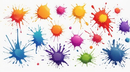 Colorful paint splatters on a white background creating an abstract and vibrant artistic composition