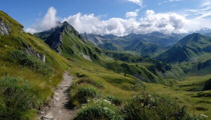 Fototapeta premium Hiking trail winds through alpine meadow, mountain peaks rise in the background. Sunny day
