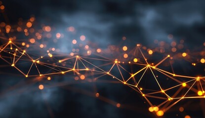 Abstract network of glowing points connected by lines, dark background, bokeh effect