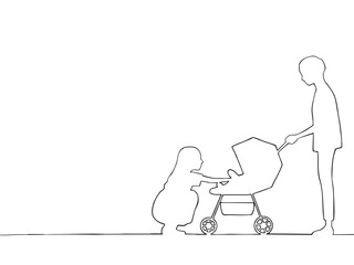 ベビーカーの赤ちゃんをお世話する夫婦のシルエットイラスト