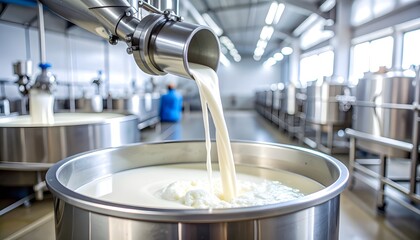Fresh milk is poured from a traditional metal pail into a larger processing container, symbolizing the connection between the farm and the dairy factory