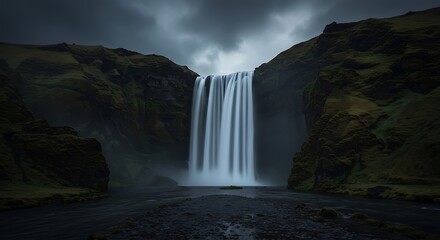 Dramatic waterfall long exposure: powerful natural landscape with smooth cascading water, dark mossy cliffs, and mystical overcast sky.