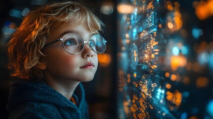 Child in glasses gazing out window at vibrant digital world