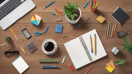 Overhead view of a wooden desk with laptop notebook coffee and various stationery items scattered around it