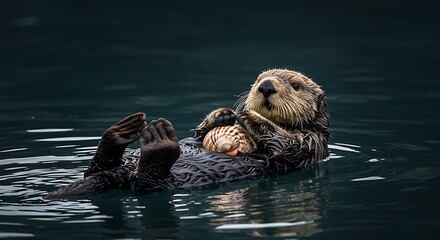 Fototapeta premium Sea otter floating peacefully on its back, holding a large conch shell on its wet fur in dark ocean water. Captivating wildlife, marine life, and nature image.