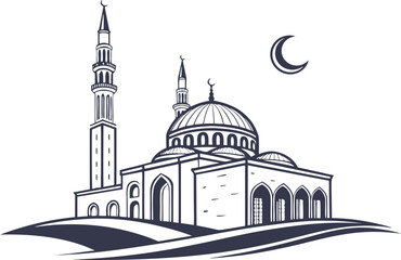 Mosque Design Featuring Traditional Architecture. Detailed Mosque Illustration for Religious and Cultural Use. Beautiful Mosque Design with Minarets and Dome Details. High Quality Mosque Artwork