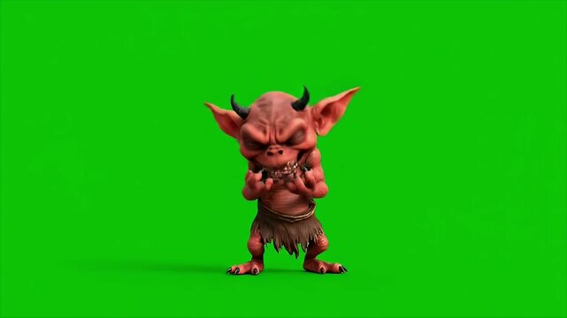 An angry 3D animated red goblin or devil character for chroma key on a green screen background