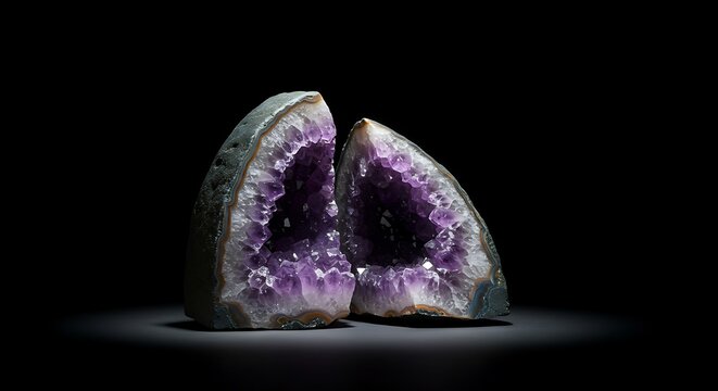 Amethyst geode, stunning purple crystal halves, glowing intensely on a dark background. Elegant, luxurious, and natural gemstone for spiritual, healing, or decor themes.