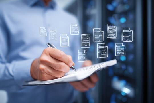 Businessperson writing in notebook, file icons overlayed, server rack background