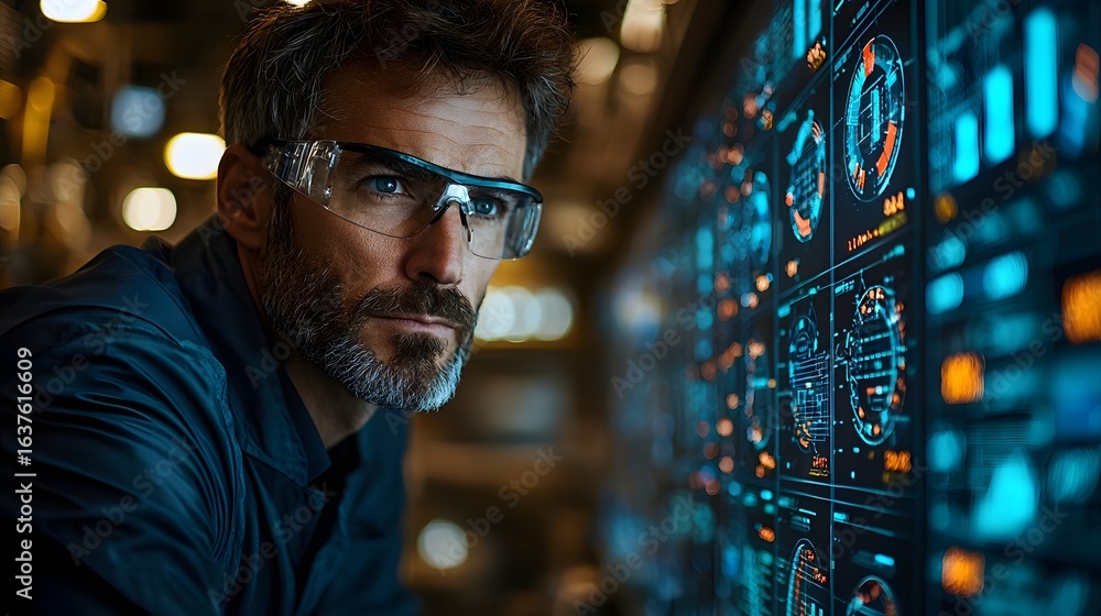 Poster factory manager analyzing a digital dashboard making strategic and futuristic data driven decisions