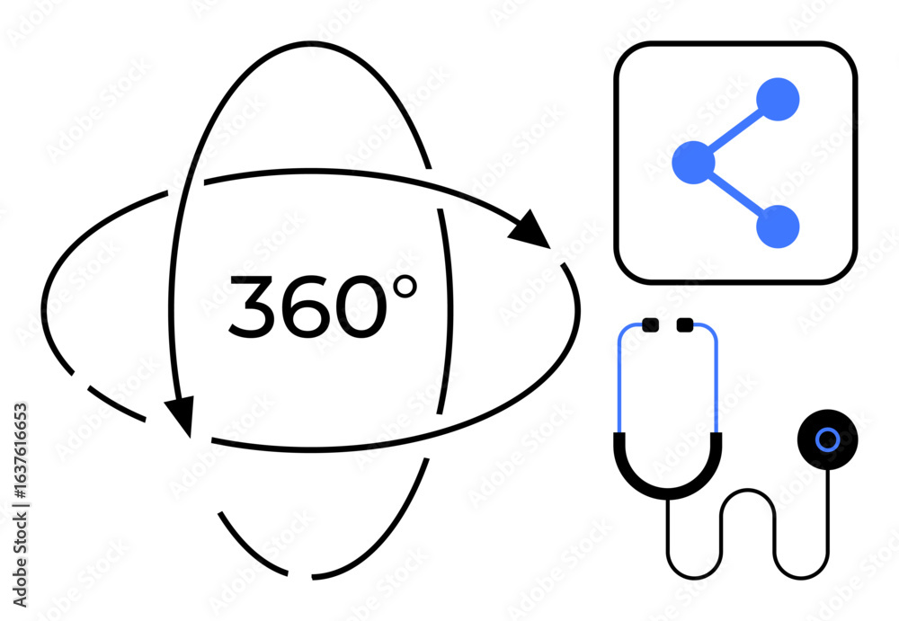 Poster 360 circle with rotating arrows alongside stethoscope symbolizing health and network connection icon