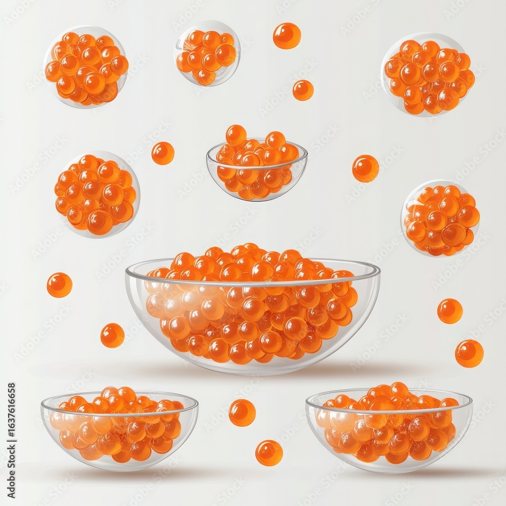 Poster vibrant orange bubbles in transparent containers displaying varying sizes and shapes on a light back