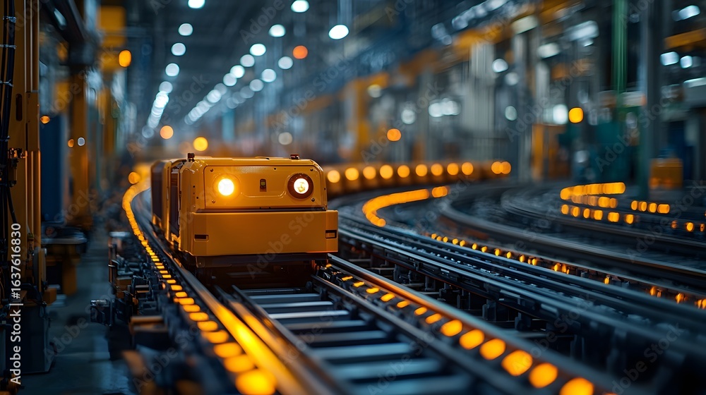 Poster automated factory with guided transport vehicles moving along rails