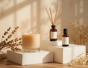 Create a soothing ambiance with this candle and diffuser set in a calming spa environment for relaxation