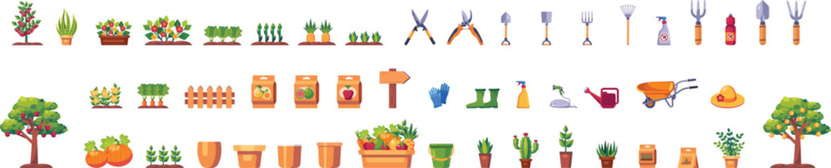 Collection of garden elements and tools bundle set, featuring plants, flowers, gardening equipment, and accessories in a detailed vector style.