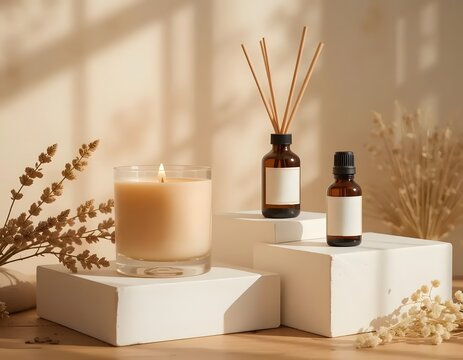 Create a soothing ambiance with this candle and diffuser set in a calming spa environment for relaxation