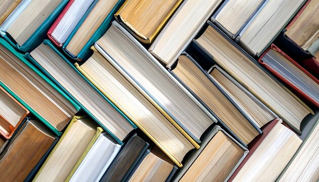 Overhead View of Stacked Books: Colorful Spines, Diagonal Composition, Education Concept.