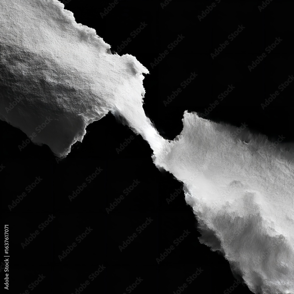 Poster a black and white abstract image featuring two cloud like forms against a dark background space