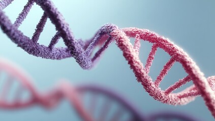 Close-up of vibrant pink and purple DNA strands in a soft-focus, 3D style
