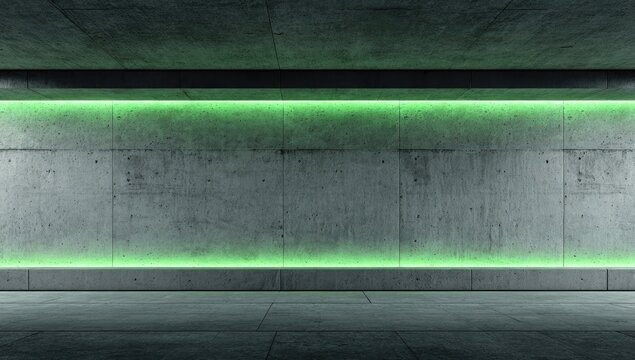 Empty concrete tunnel lit with lime green neon