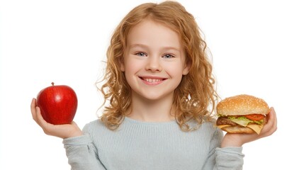 Balanced Choices: A young girl beams, balancing a vibrant red apple in one hand and a tempting hamburger in the other, symbolizing healthy eating options.
