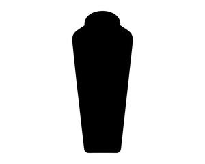 Simple black silhouette of a stylized coffin shape on a white background