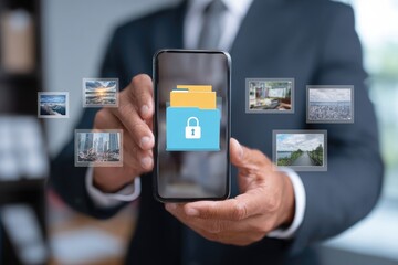 Businessman holds smartphone with secure photo folders