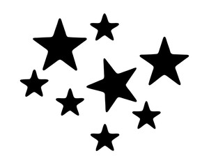 Stylized scattered constellation of black stars on a plain white background