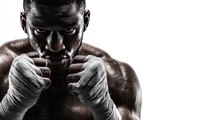 Boxer's Intense Focus: A determined boxer stands poised, wrapped in protective bandages, exuding raw power and unwavering concentration, ready for the fight ahead.