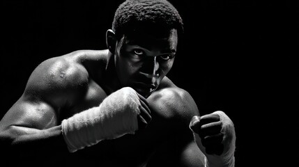 Boxer's Focused Intensity: Capturing the essence of strength and determination, this monochrome photograph depicts a muscular boxer, tightly focused, ready for the fight.