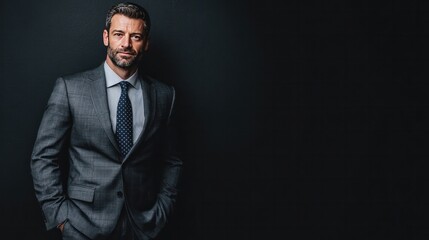 Fototapeta premium Sophisticated Portrait: A confident, formally dressed man with a beard embodies contemporary sophistication and success. The portrait is rendered against a dark, clean backdrop.