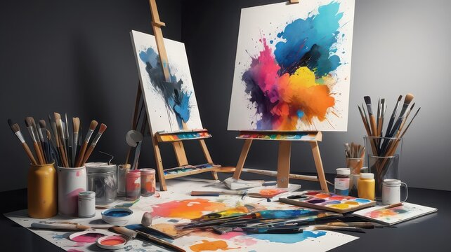 Art studio setup with easels canvases paintbrushes and colorful abstract paintings on a white table