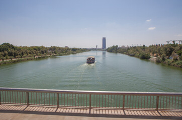 Fluvial tourist cruiser of Guadalquivir river, Seville, Andalusia, Spain