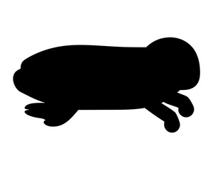 Simple black silhouette of a frog hopping on a white background