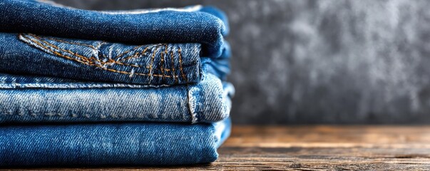 Frayed hem and denim detail concept. Stack of folded denim jeans on a rustic wooden surface.