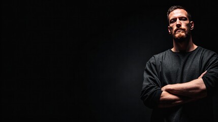 Naklejka premium Confident Stance of A Man: A muscular, focused man, exudes strength and determination as he stands in front of a solid dark backdrop, embodying self-assurance and inner resilience.