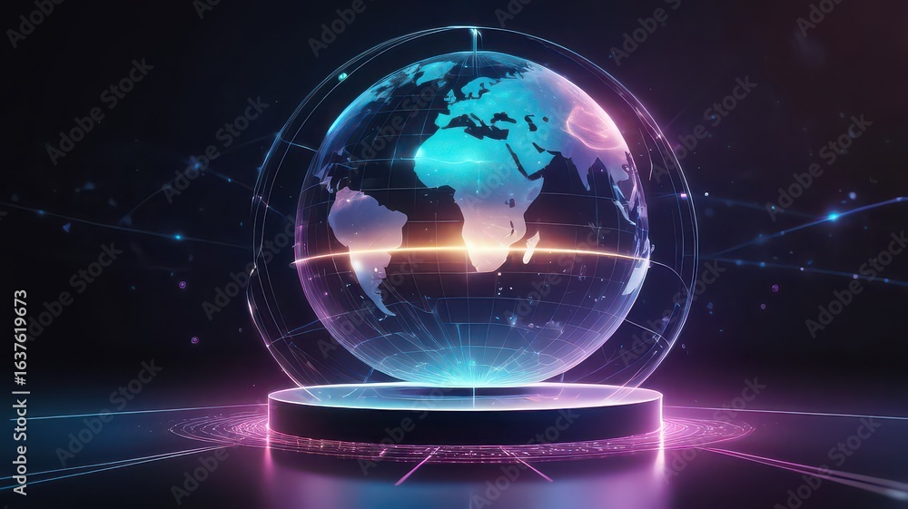 Aufkleber a futuristic globe on a platform with glowing lines and a dark background with light effects