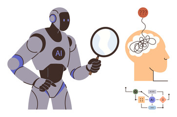 AI robot holding magnifying glass analyzing tangled thoughts inside human brain, showcasing artificial intelligence understanding cognition. Ideal for technology, neuroscience, innovation, machine
