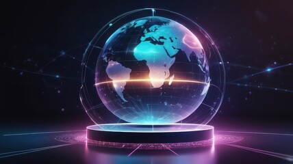 Obraz premium A futuristic globe on a platform with glowing lines and a dark background with light effects