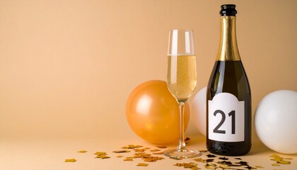Champagne bottle and glass with number 21. Festive photo for birthday or anniversary party