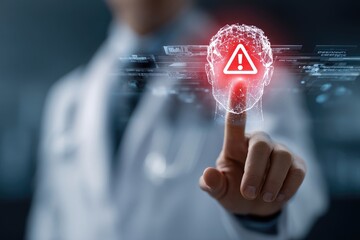 Doctor's hand interacts with a holographic warning sign over a digital human head