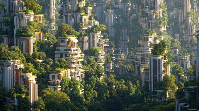 Futuristic utopian city where humans and androids coexist harmoniously, green topped skyscrapers blending with trees, warm golden hour lighting