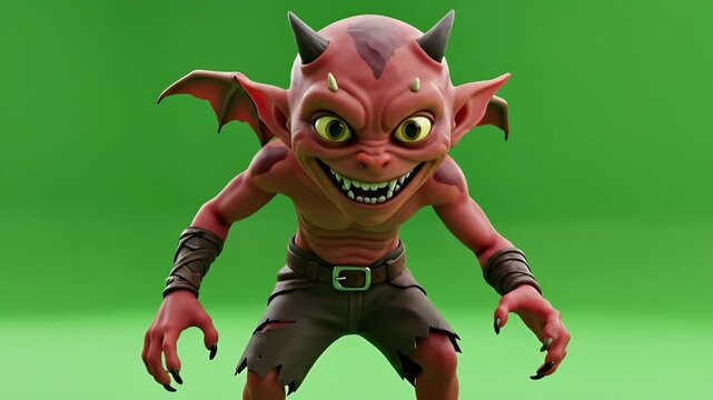 A mischievous 3D animated red imp or devil for chroma key on a green screen background