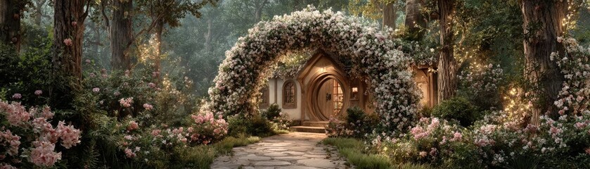 Fototapeta premium Lily arch near cottage flower concept. A beautiful archway adorned with flowers leads to a charming cottage.