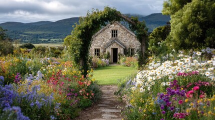 Naklejka premium Lily arch near cottage flower concept. Charming cottage surrounded by vibrant flowers and greenery.